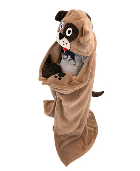 Hooded Kids Fleece Blanket | Dog - Blankets - Poshinate Kiddos Baby & Kids Store - Child snuggled inside Dog Blanket