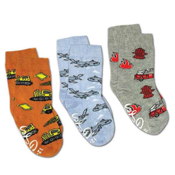 Kids Socks | Construction/Firefighter/Plane | 3 pk - Kids Socks - Poshinate Kiddos Baby & Kids Store - Shows each sock design