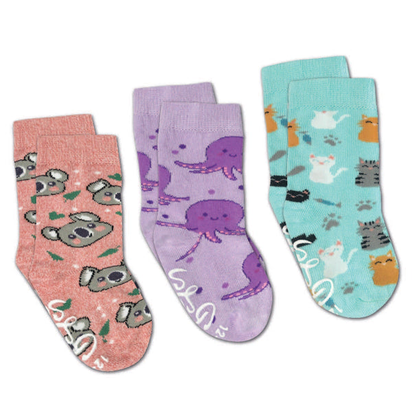Kids Socks | Cats/Koala/Octopus | 3 pk -Kids Socks - Poshinate Kiddos Baby & Kids Store - Shows each sock design