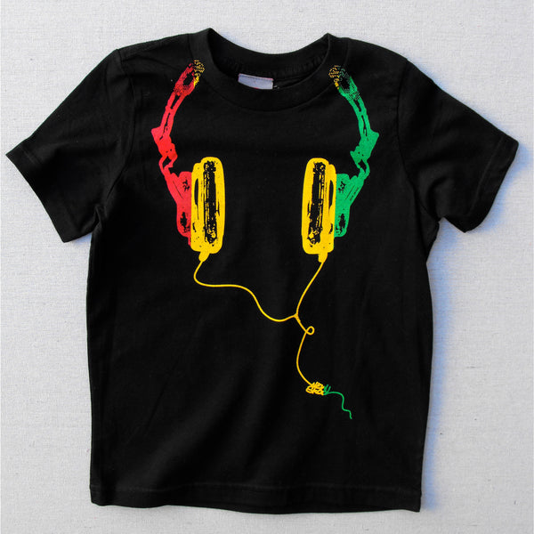 Kids T Shirt | Music Headphones | Rasta - Kids T Shirts - Poshinate Kiddos Baby & Kids Store - View of t shirt showing vibrant colors and rasta theme