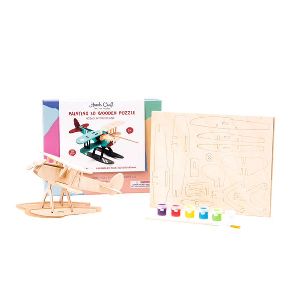 Wooden Kids Puzzle | 3D Hydroplane | Paint & Puzzle Kit - Puzzles, Games & Toys - Poshinate Kiddos Baby & Kids Store - The kit's contents of precut wood plane, 6 colors of paint, and brush