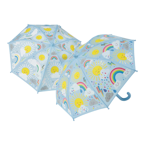 Kids Color Changing Umbrella | Sun & Clouds - Kids Accessories - Poshinate Kiddos Baby & Kids Store - Showing dry (L) and wet (R) view of umbrella