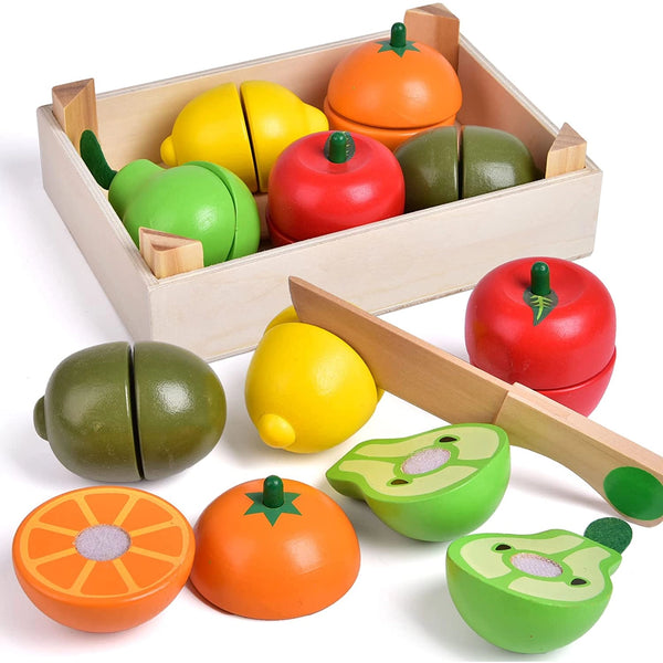 Kids Wooden Play Food | 11 pc set - Kids Toys - Poshinate Kiddos Baby & Kids Store - View of crate, fruits, vegies and pretend knife