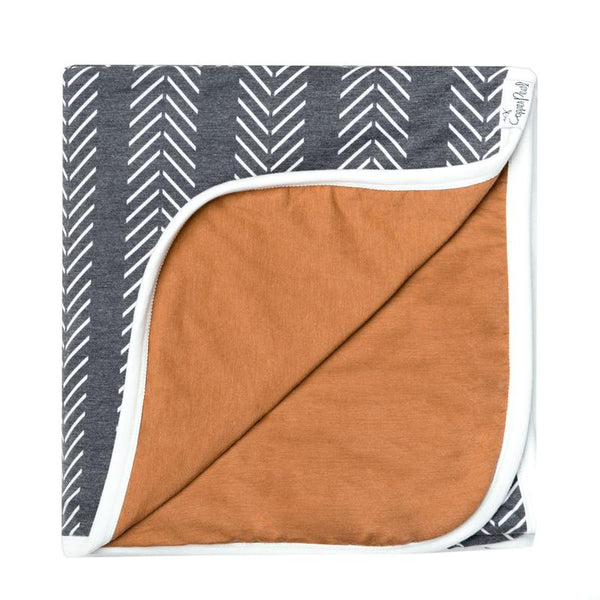 Kids Blanket | 3-Layer Knit Quilt | Charcoal Chevron - blankets - Poshinate Kiddos Baby & Kids Boutique - Charcoal Chevron & Camel blanket main image