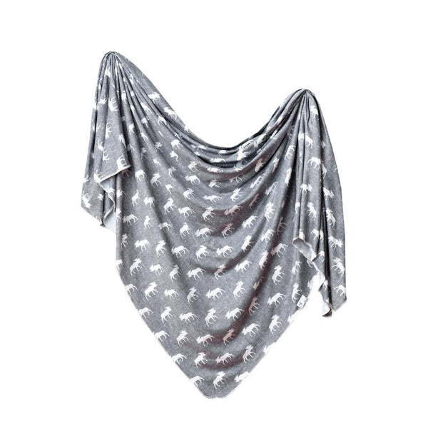 Baby Blanket | Knit Swaddle | Grey/White Moose - blankets - Poshinate Kiddos Baby & Kids Store - single drape blanket
