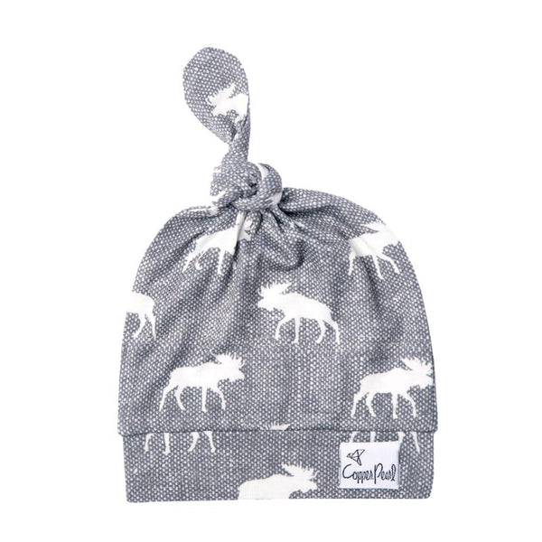 Baby Hat | Top Knot Hat | Grey/White Moose - baby hats - Poshinate Kiddos Baby & Kids Store - knot hat main image