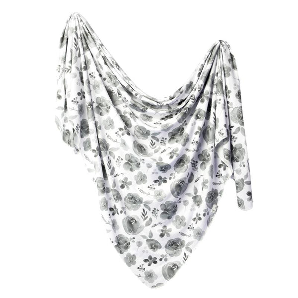 Baby Blanket | Knit Swaddle | Grey Floral - blankets - Poshinate Kiddos Baby & Kids Gifts - single drape blanket