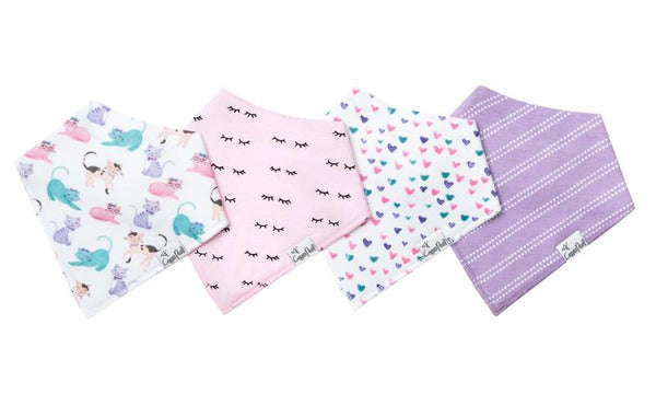 Baby Bibs | Bandana | Sassy Kittens / Pink Purple 4-Pack - Baby Bibs - Poshinate Kiddos Baby & Kids Boutique - layout of four set