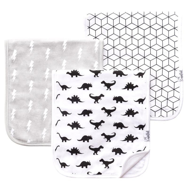 Baby Burp Cloth | White & Black Dinosaur / Grey Geometric 3-Pack