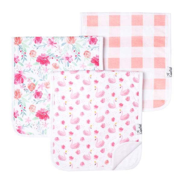 Baby Burp Cloth | Pink Swan / Peonies 3-Pack - Baby Burp Cloths - Poshinate Kiddos Baby & Kids Boutique - Pink Swan Peonies set main image