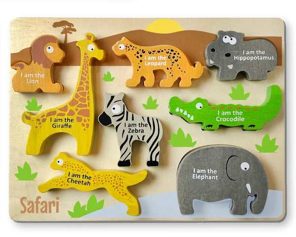 Kids Wooden Puzzle | Chunky Safari Animals - Puzzles, Games & Toys - Poshinate  Kiddos Baby & Kids Store - View of finished puzzle showing the animals with their names on them.