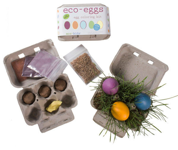 Kids Eco Eggs | Natural Egg Dyes & Grass Growing Kit - Books and Activities - Poshinate Kiddos Baby & Kids Boutique - contents of entire kit with grass