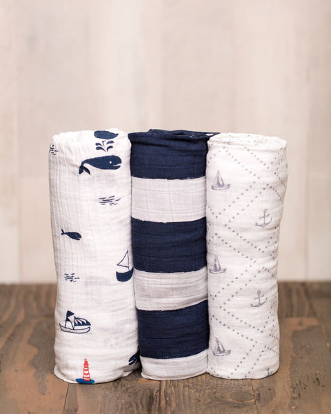 Cotton Muslin Swaddle Set | 3 pc | Navy Stripe - Blankets - Poshinate Kiddos